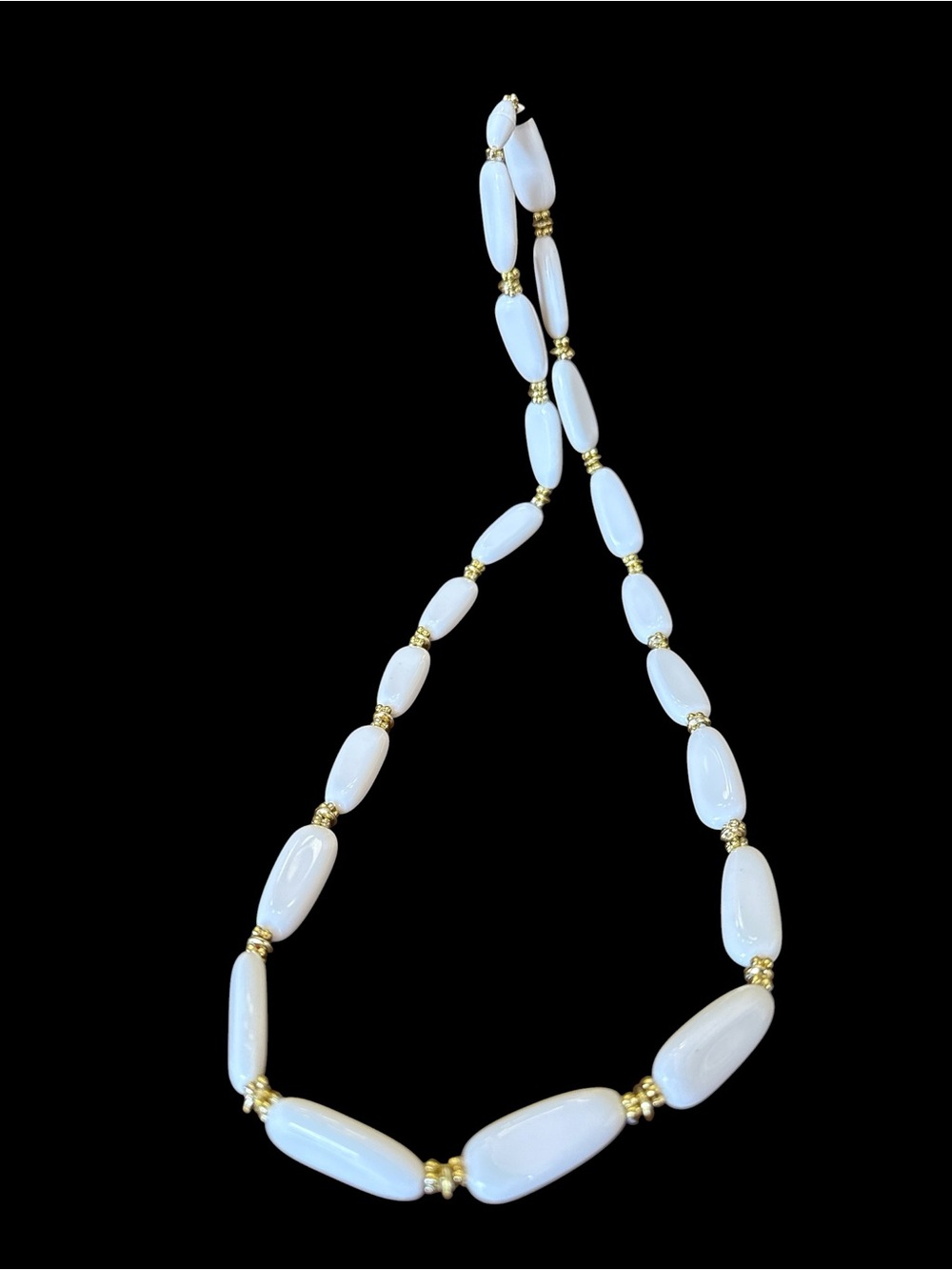 Vintage Milk White Oval Bead Necklace Gold Accents